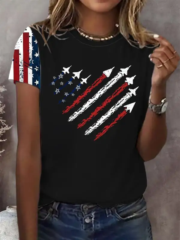 Woman'S Airplane Cigarette Print Round-Neck Short-Sleeve T-Shirt