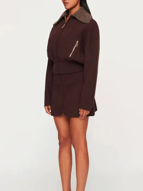 Brown Fleece Collar Zip Up Set