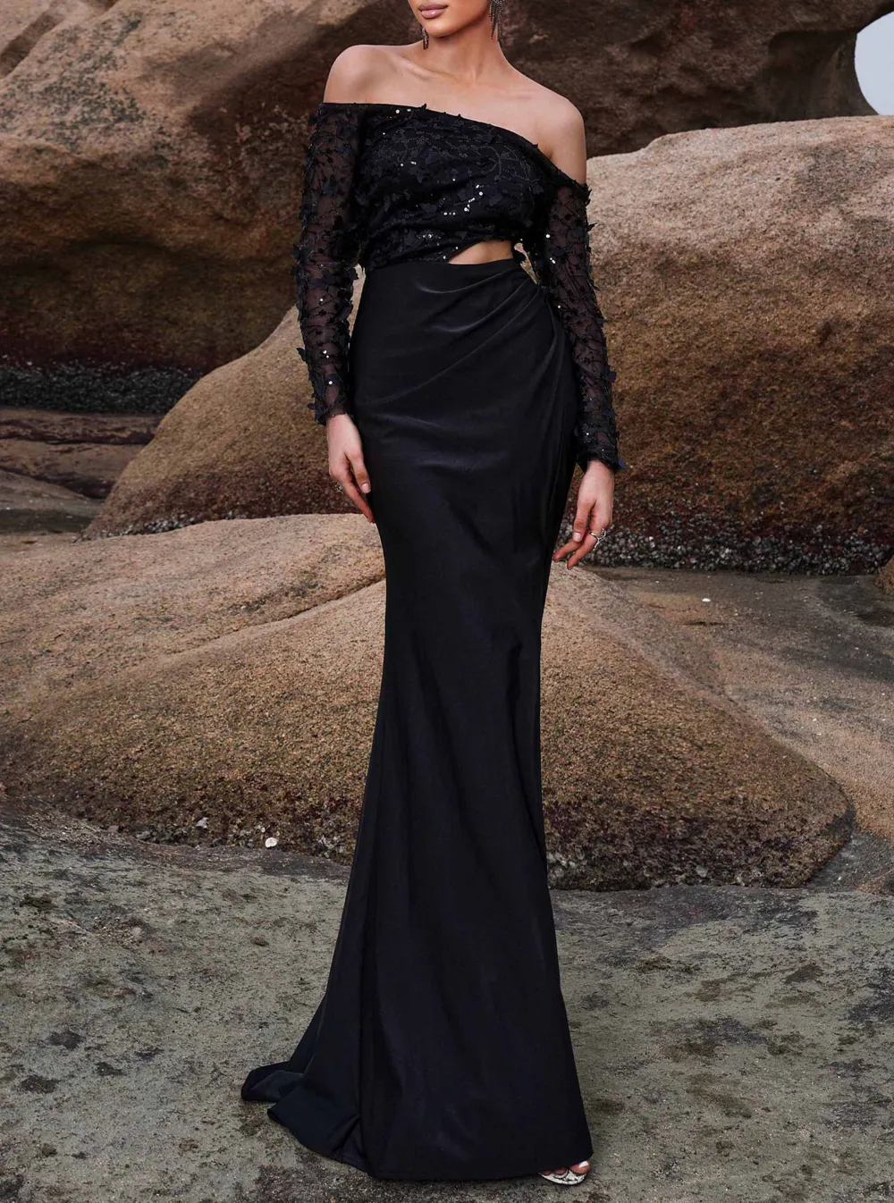 Off Shoulder Butterfly Cutout Black Split Dress