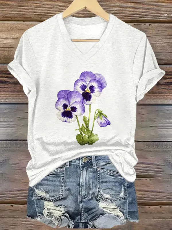 Women'S Floral Printed Alzheimer'S Awareness Short-Sleeved T-Shirt
