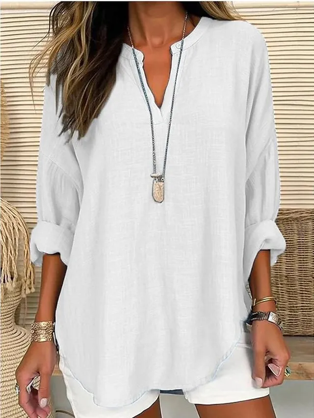 Women's Shirt Blouse Linen Casual Daily Pink Long Sleeve Solid Basic V Neck Spring Fall