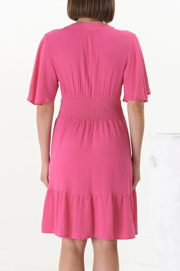Pink V Neck Button Front Dress