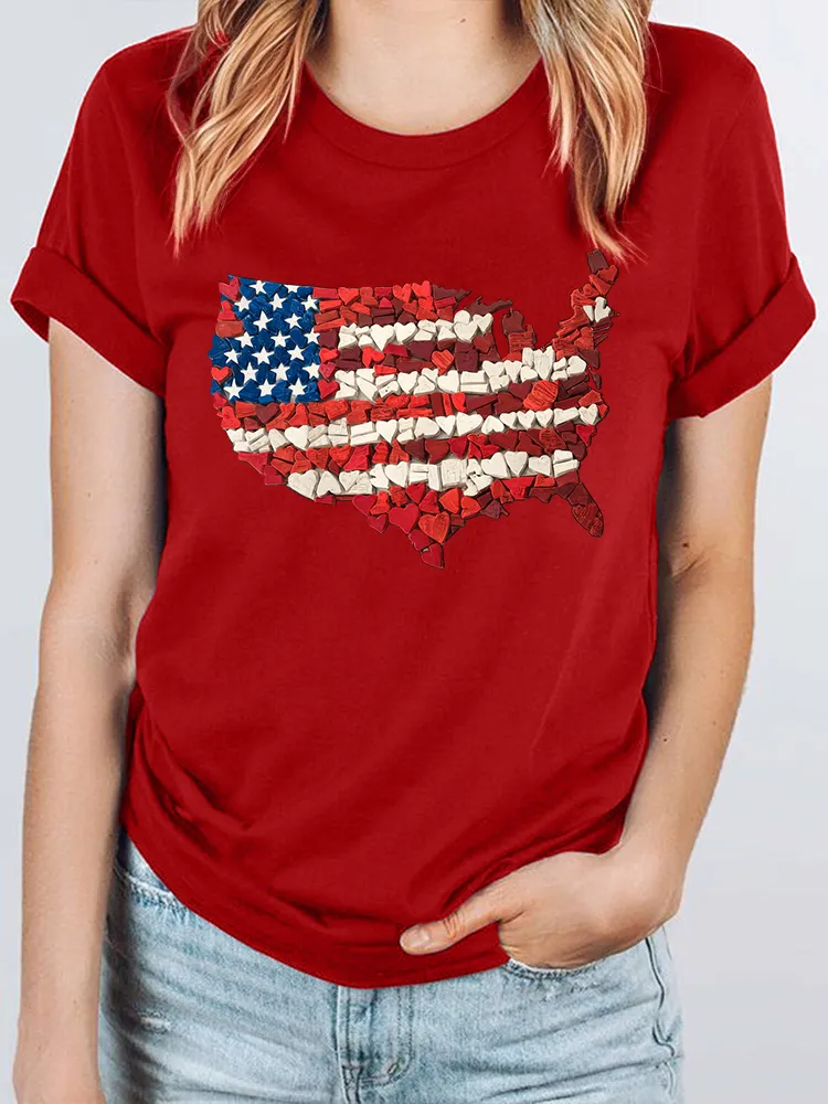 Woman'S Independence Day Love Map Print Short-Sleeved T-Shirt