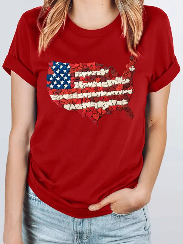 Woman'S Independence Day Love Map Print Short-Sleeved T-Shirt