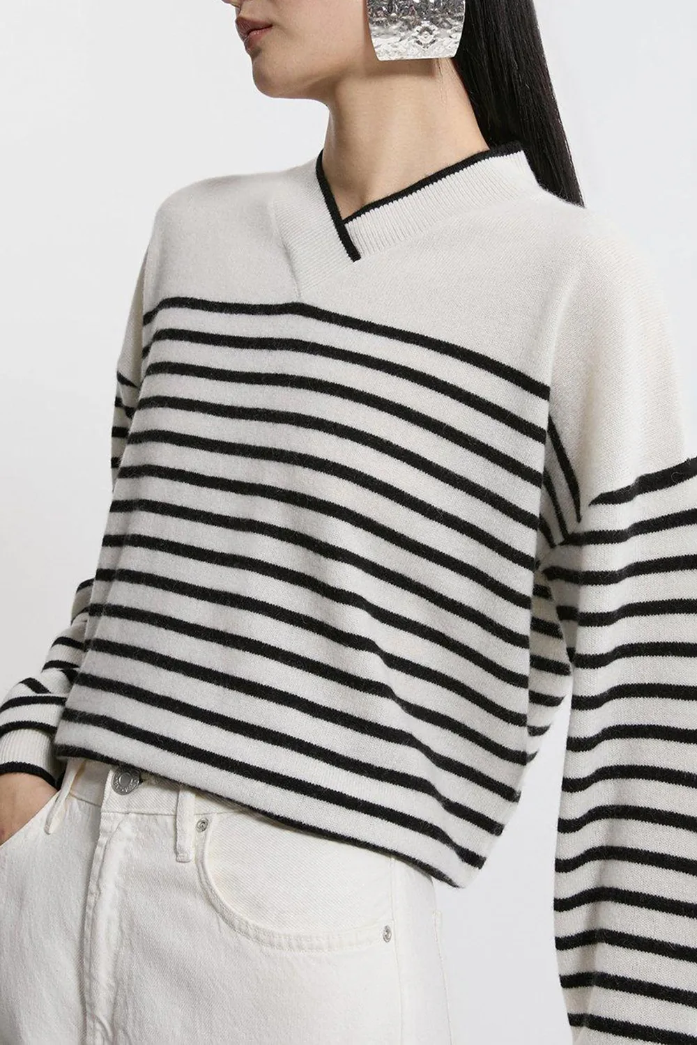 Cashmere Knitted V Neck Contrast Wrap Striped Jumper