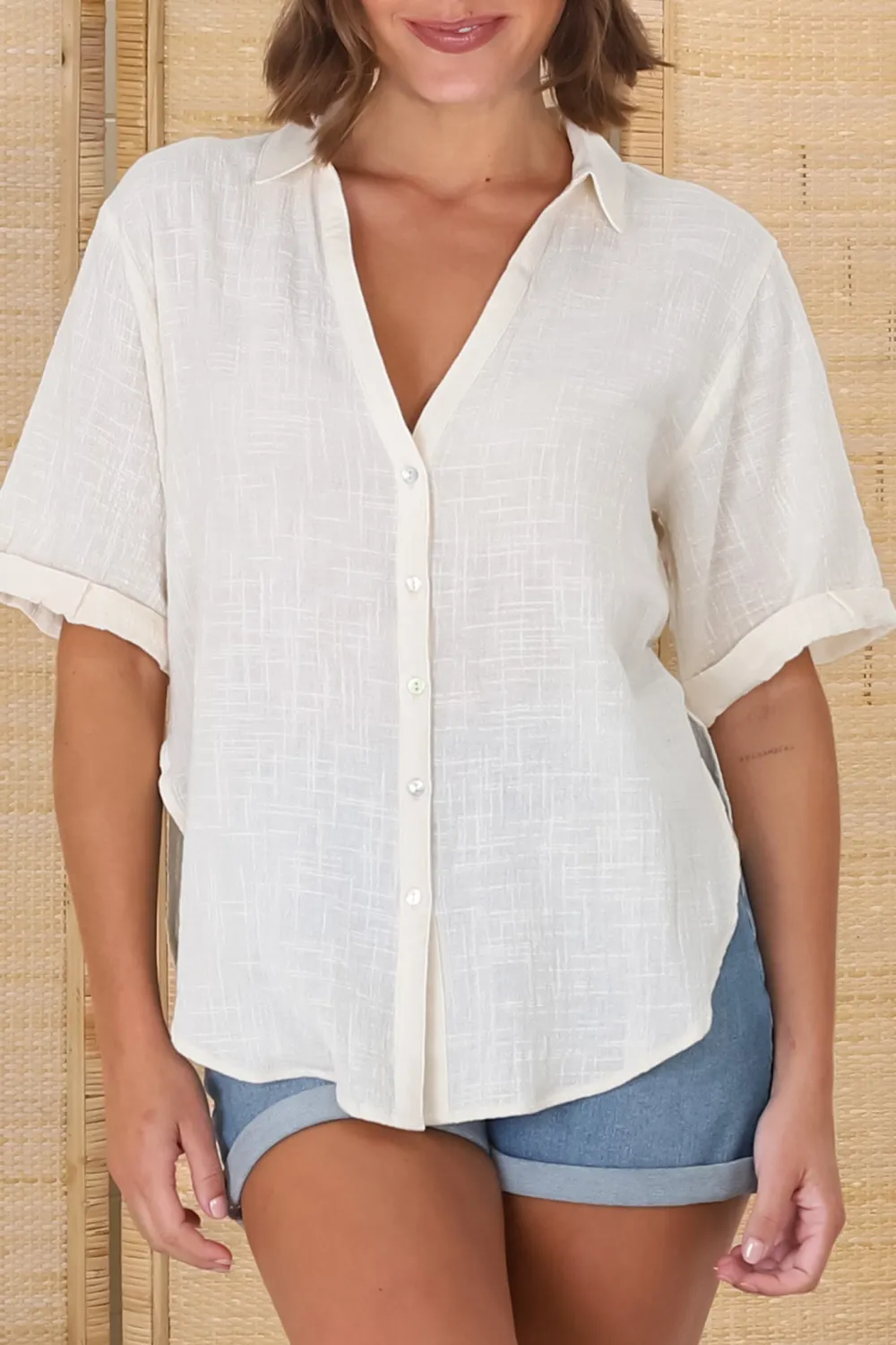 White Linen Contrast Trim Short Sleeve Shirt