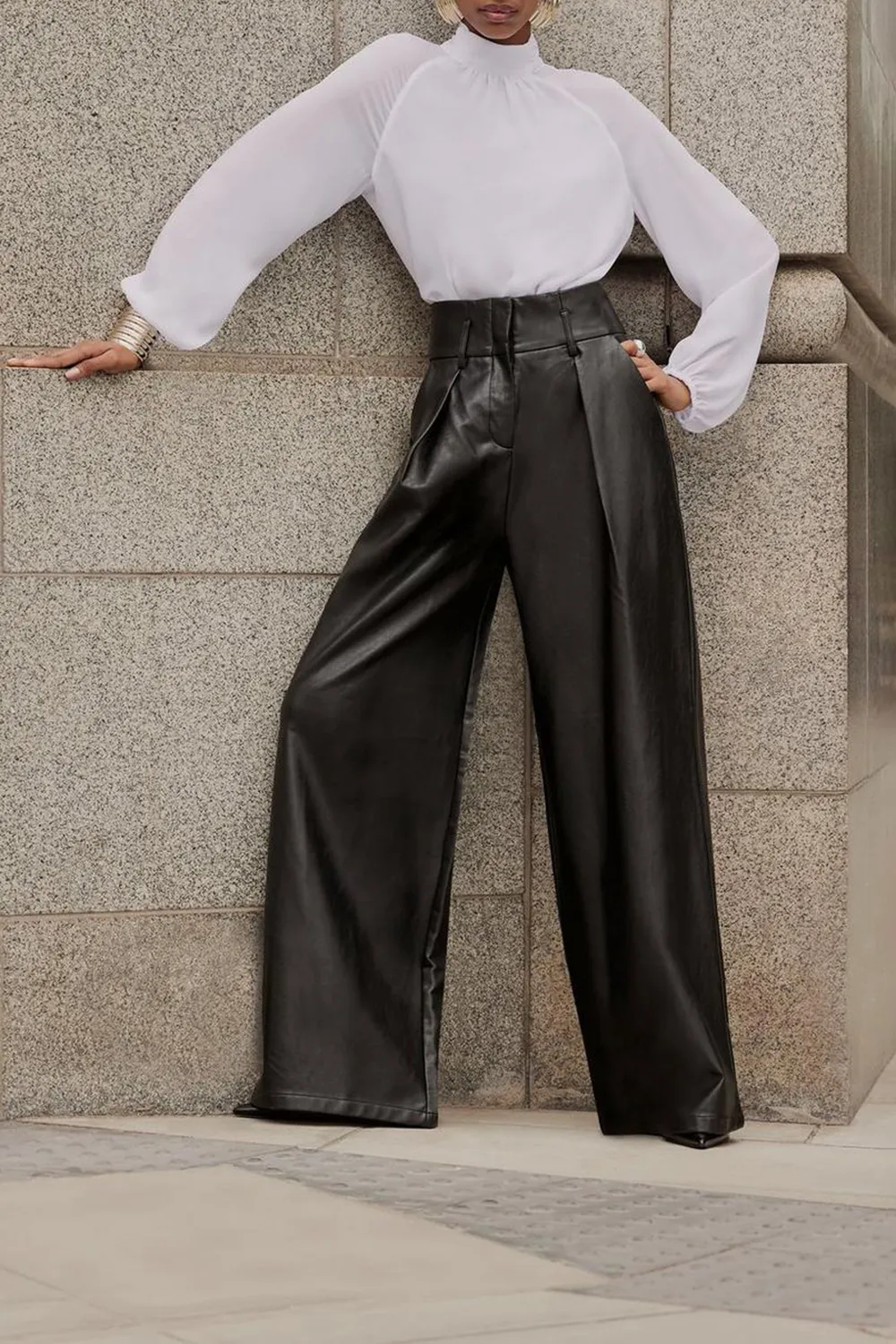 Faux Leather High Waisted Wide Leg Trousers