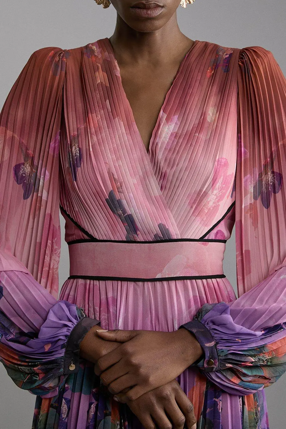 Ombre Floral Soft Pleated Long Sleeve Maxi Dress