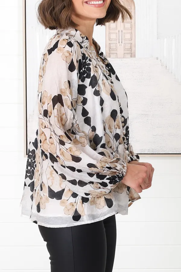 Beige Floral Print Puff Sleeve Blouse