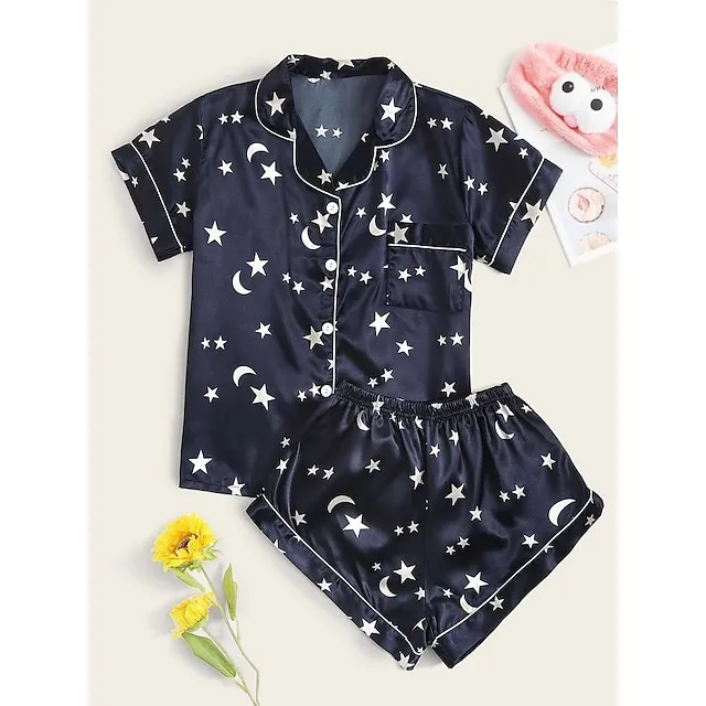 Women's Pajamas Sets Nighty 1 set Stripes Heart Satin Casual Pajamas Home Party Casual Cotton Blend Gift Shirt Collar Short Sleeve Shirt Shorts Stripe Printing Spring Summer Light Pink White