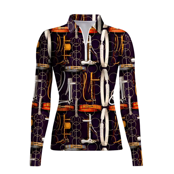 Women's Riding Style Horse Harness Print Long Sleeve Casual Lapel Shirt