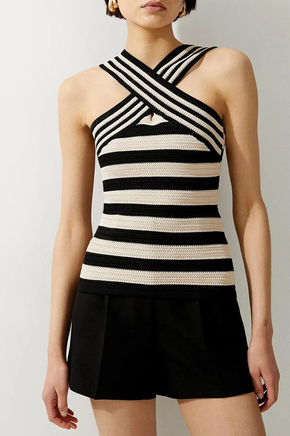 Viscose Blend Crochet Knit Cross Front Top