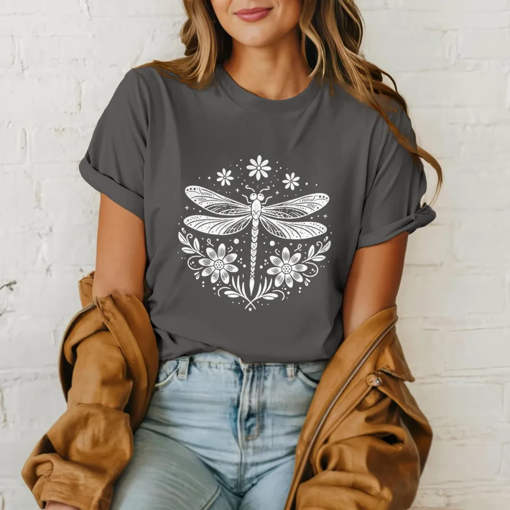 Dragonfly Plant Pattern Casual T-shirt