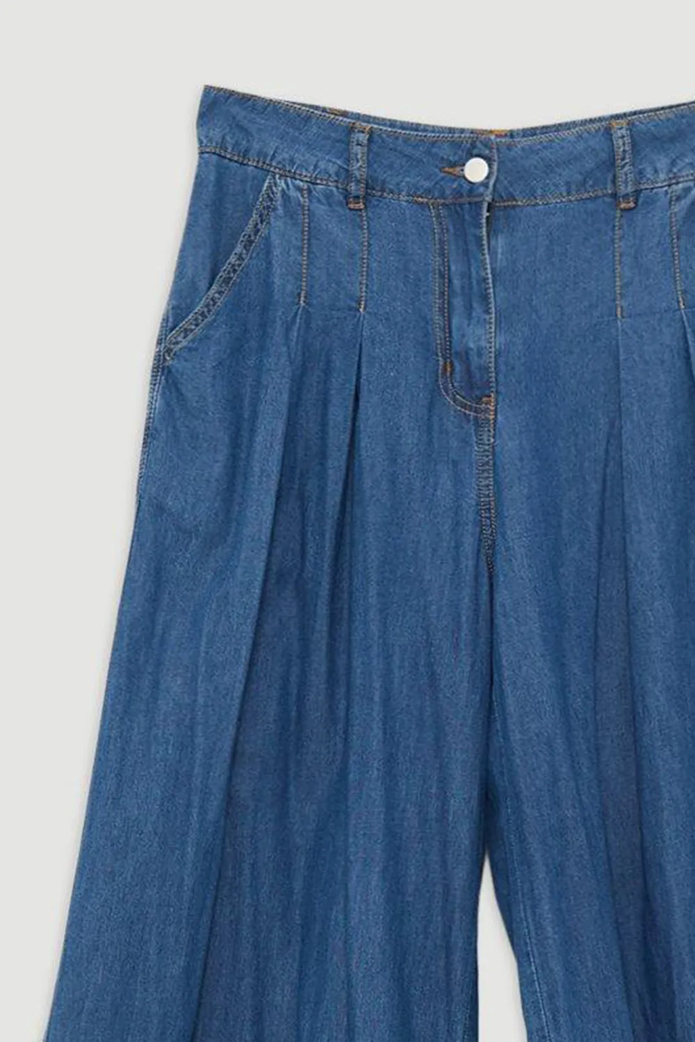 Tailored Chambray Denim Straight Leg Pleated Trousers