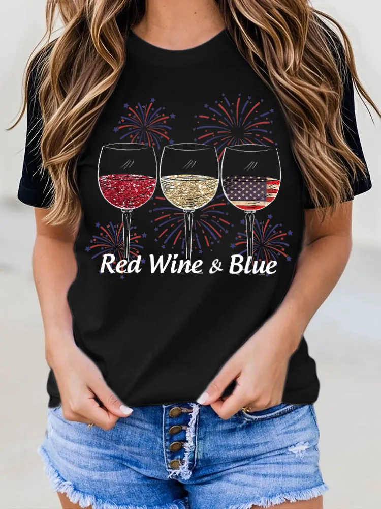 Red Wine Blue Print Round-Neck Short-Sleeved T-Shirt
