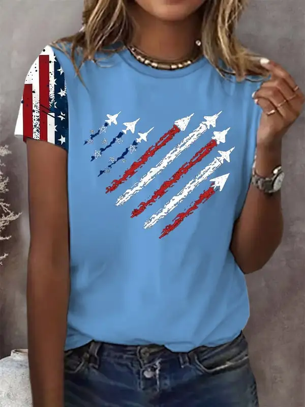 Woman'S Airplane Cigarette Print Round-Neck Short-Sleeve T-Shirt