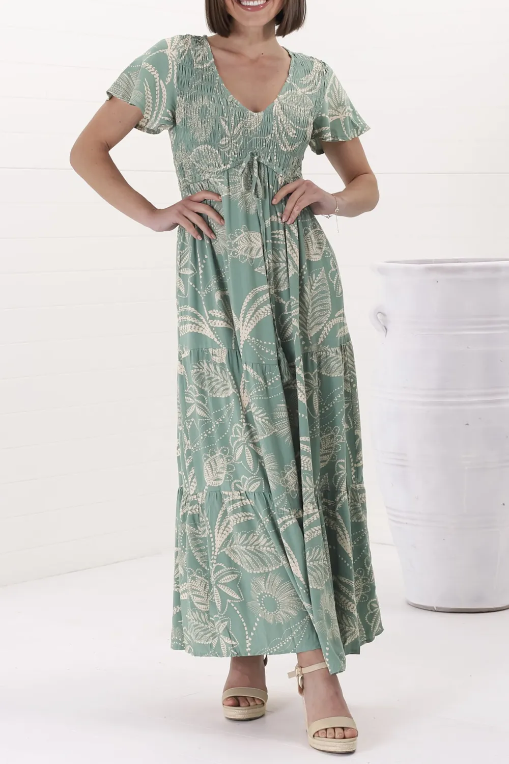 Light Green Leaf Print Tiered Maxi Dress