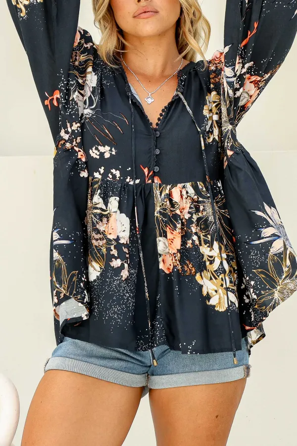 Navy Blue Floral Print Loose Fit Blouse