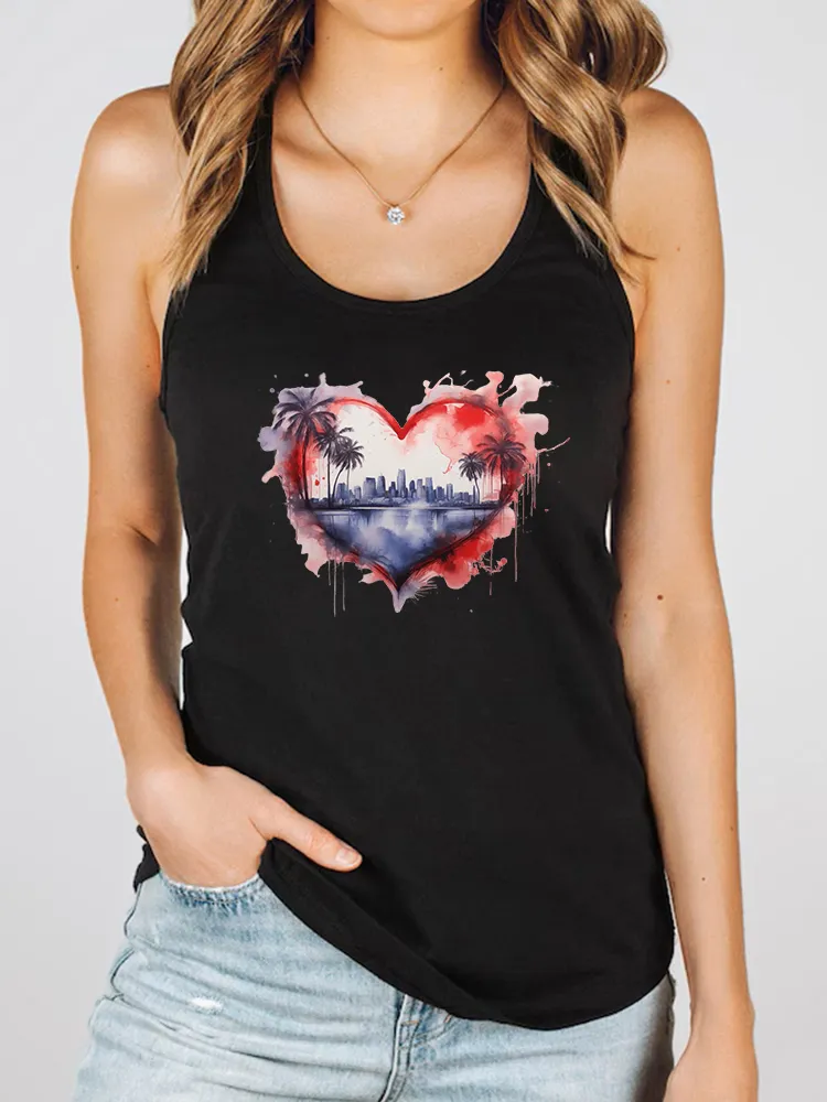 Women'S Heart-Shaped Landscape Painting Print Round-Necked Sleeveless Vest