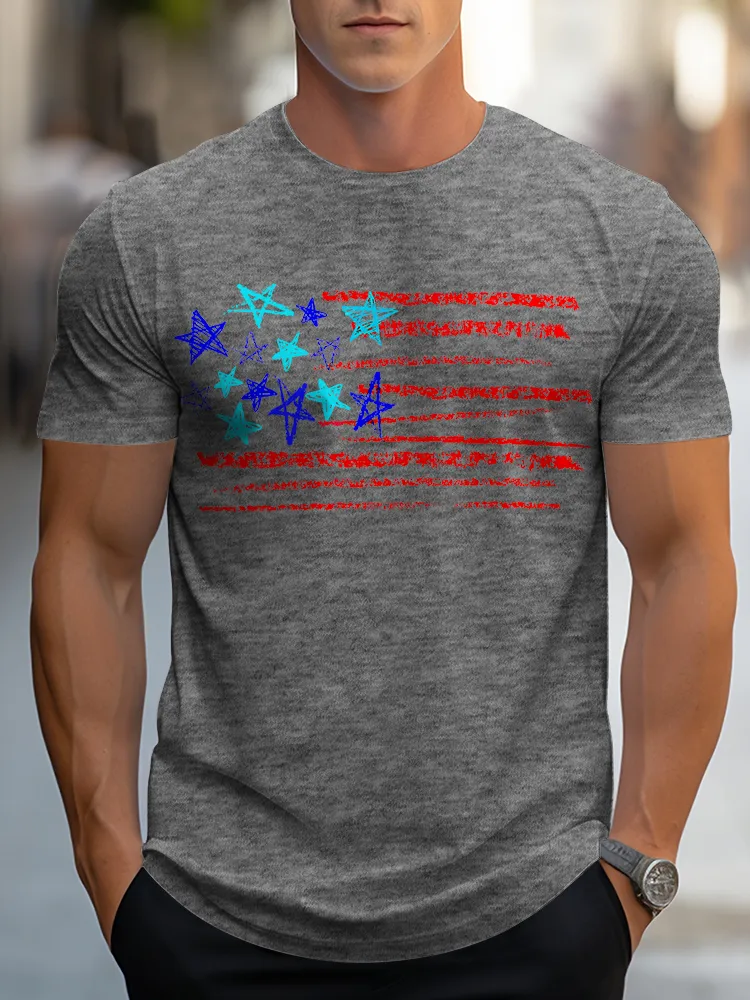 Man'S Stars And Stripes Print Round-Neck Short-Sleeved T-Shirt
