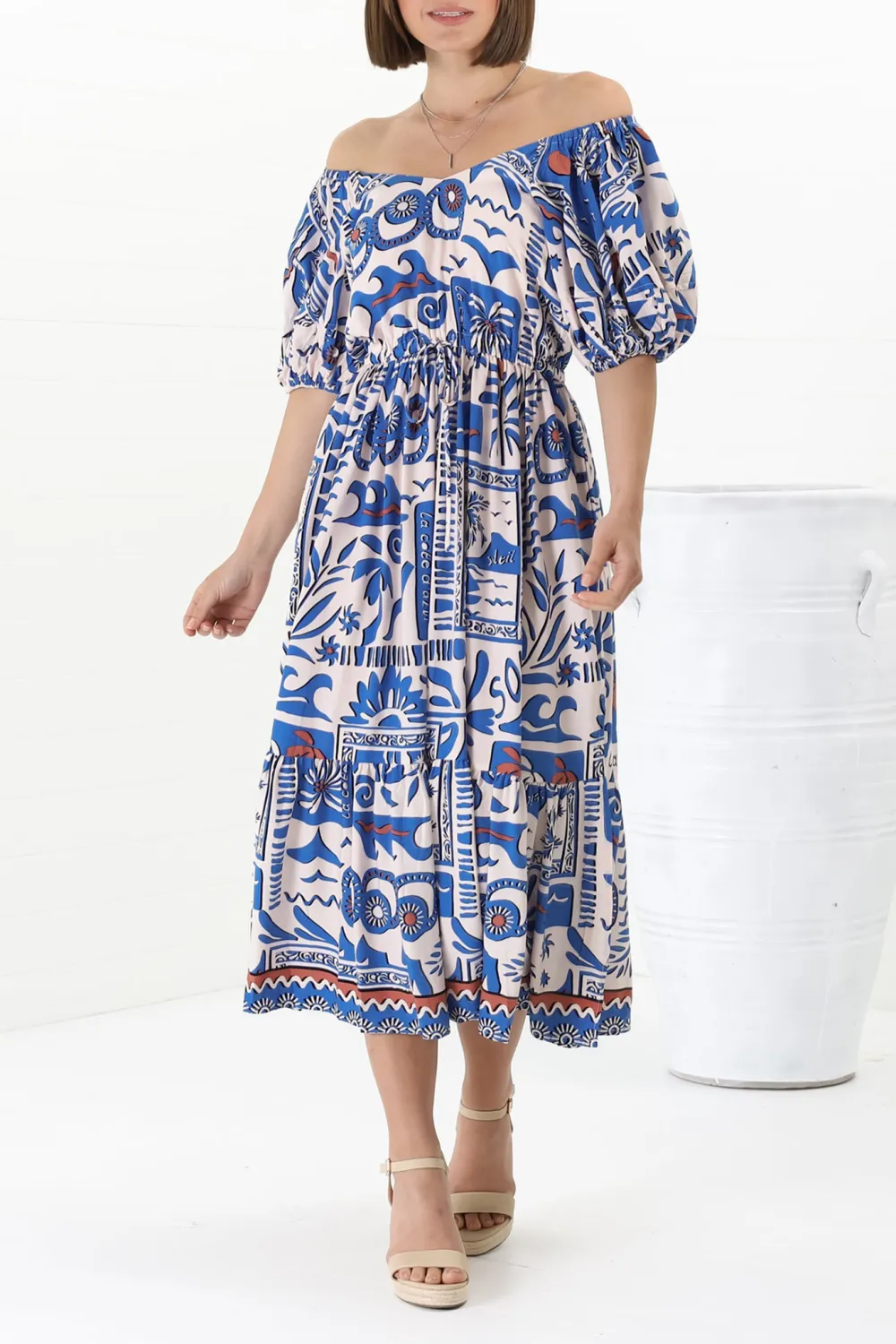 Blue Printed Puff Sleeve Midi Dress