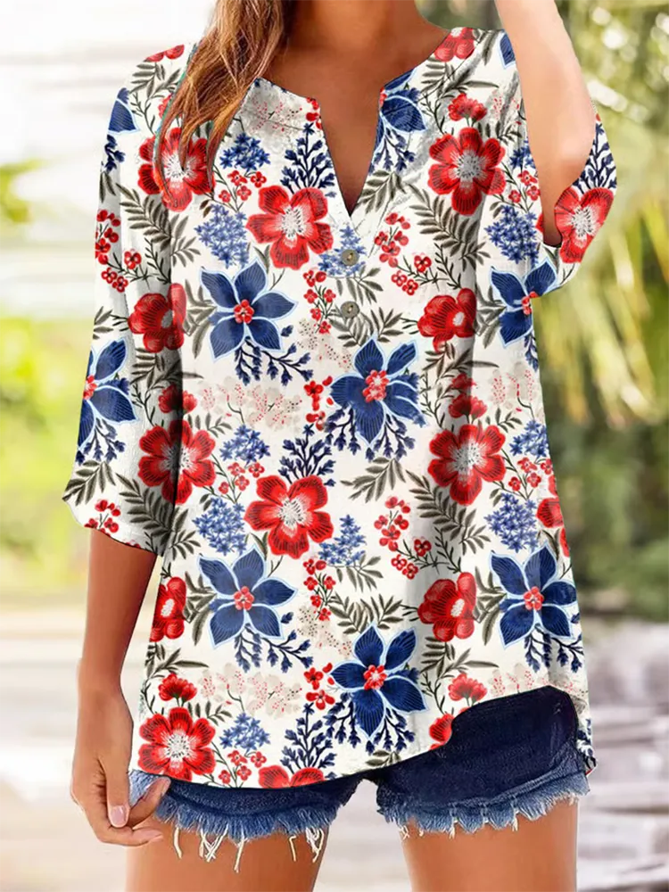 Women'S Red And Blue Floral Printed V-Neck Long-Sleeved Shirt