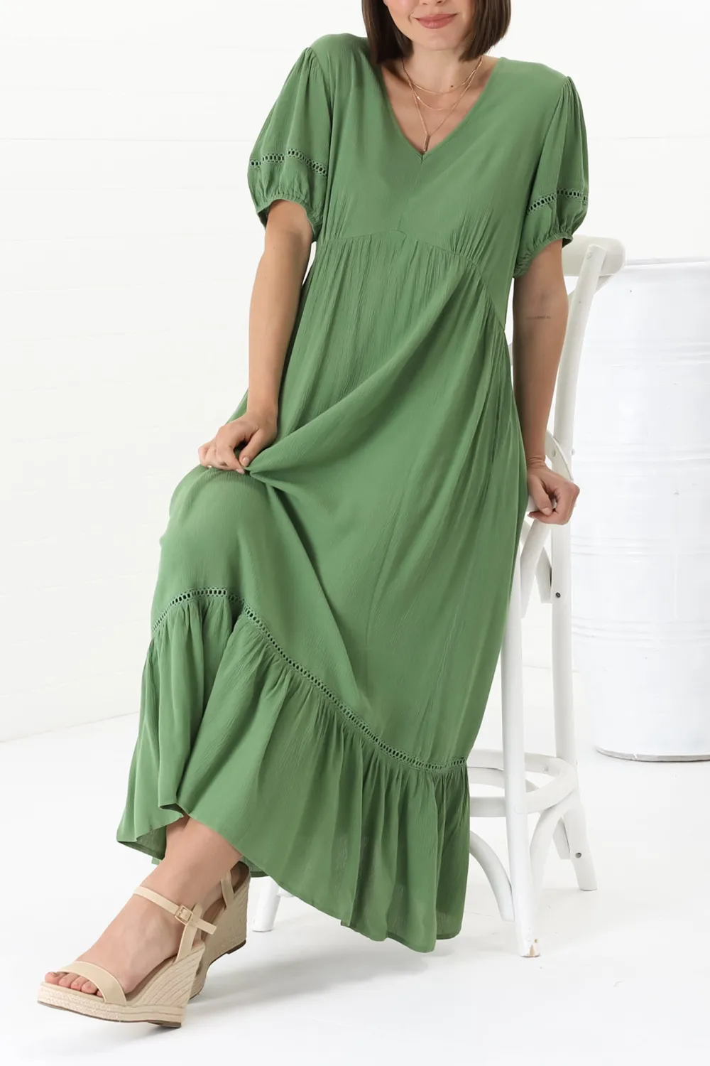 Green V Neck Short Sleeve Ruffled Maxi Dress