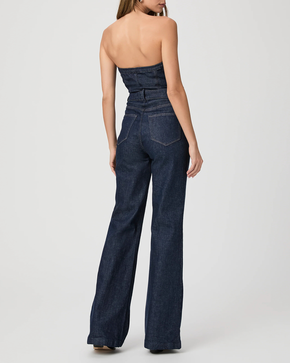 Dark Blue Denim Strapless Flared Jumpsuit