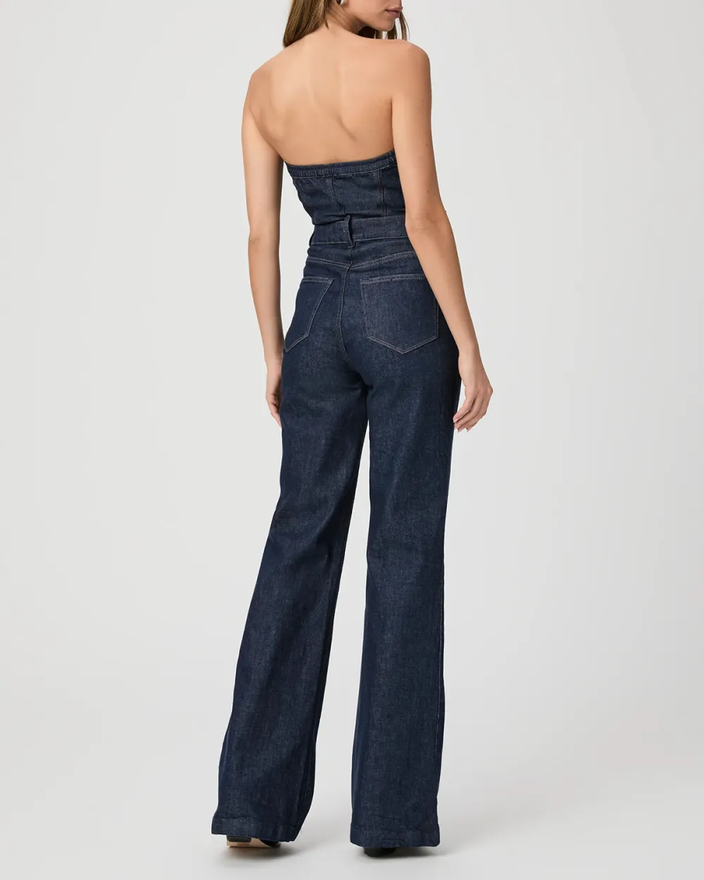 Dark Blue Denim Strapless Flared Jumpsuit