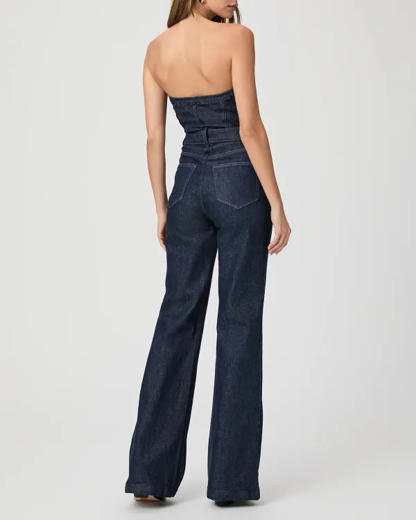 Dark Blue Denim Strapless Flared Jumpsuit