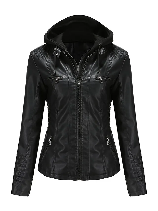 Women's Faux Leather Fall Hoodie Moto Biker Hoodie Jacket Windproof Warm Pocket Sports Solid Color Maillard Outerwear Long Sleeve Winter Fall Black Camel Red Street Casual Daily  M L XL