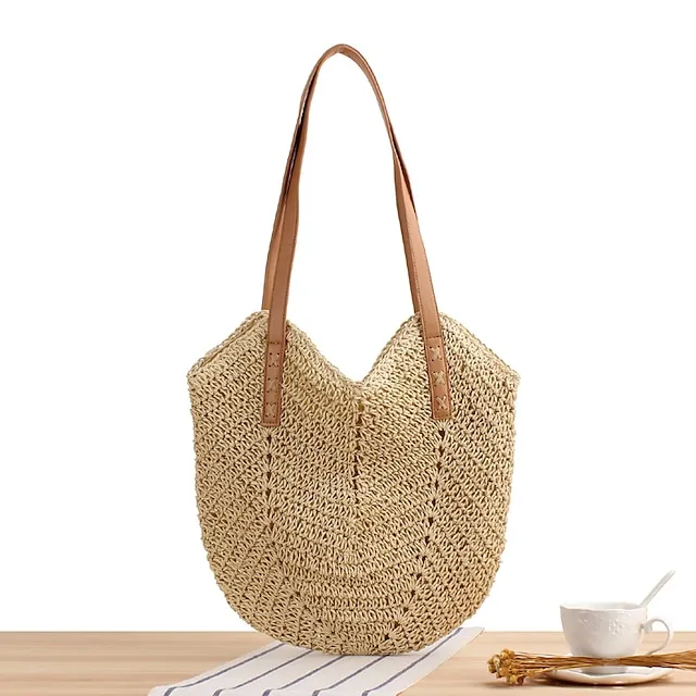 Women's Tote Crossbody Bag Straw Daily Going out Solid Color Dark Brown Beige
