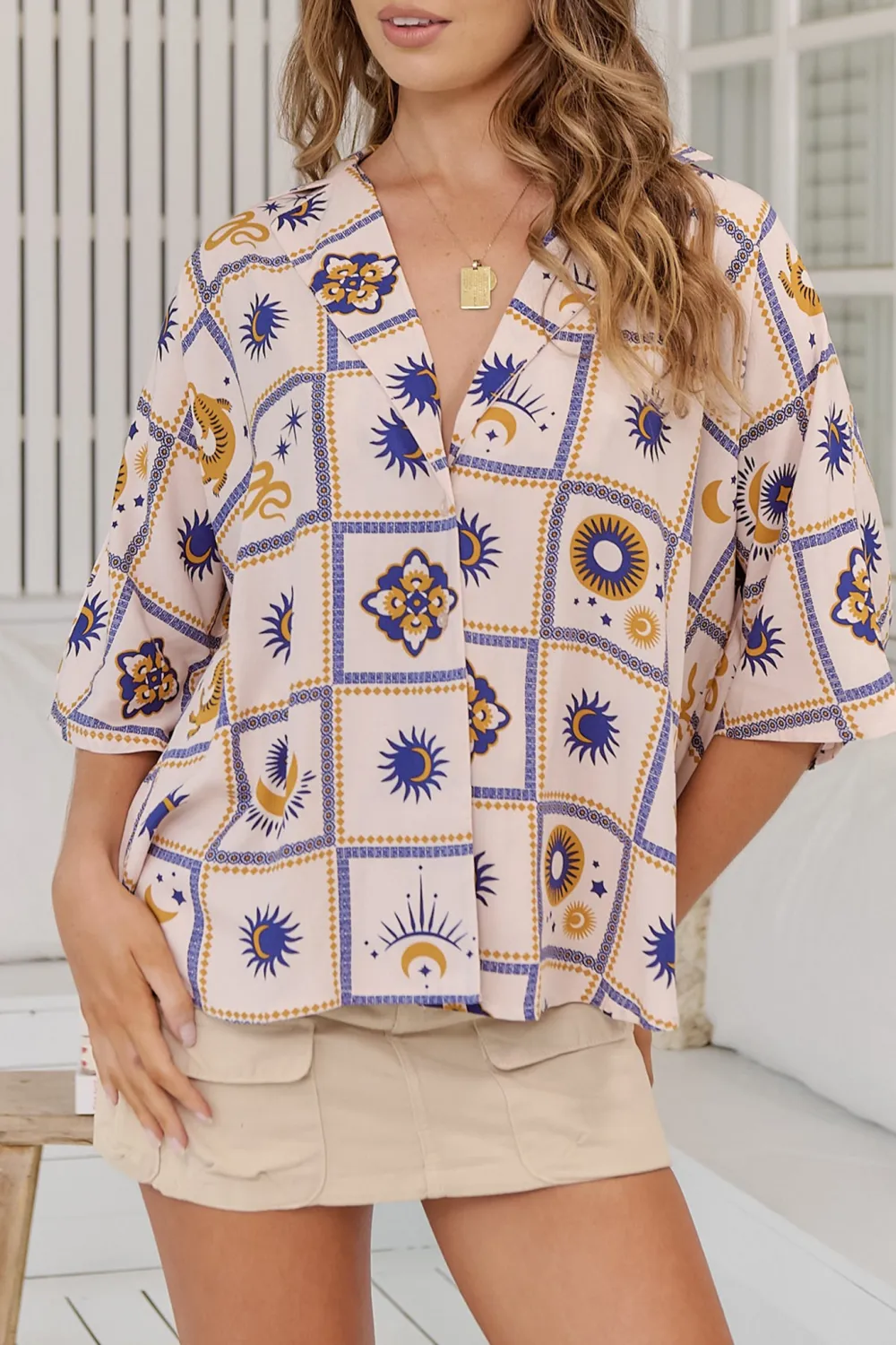 White Blue Patterned V Neck Half Sleeve Shirt