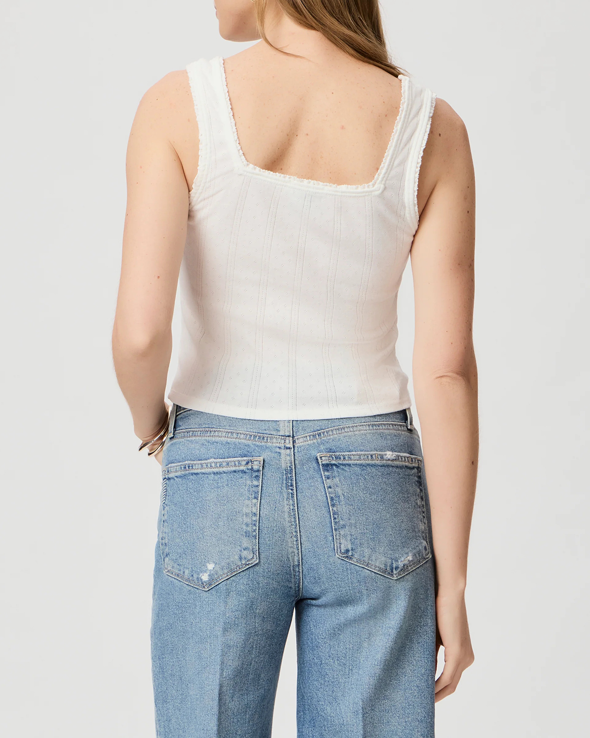 White Pointelle Stitched Square Neck Tank Top