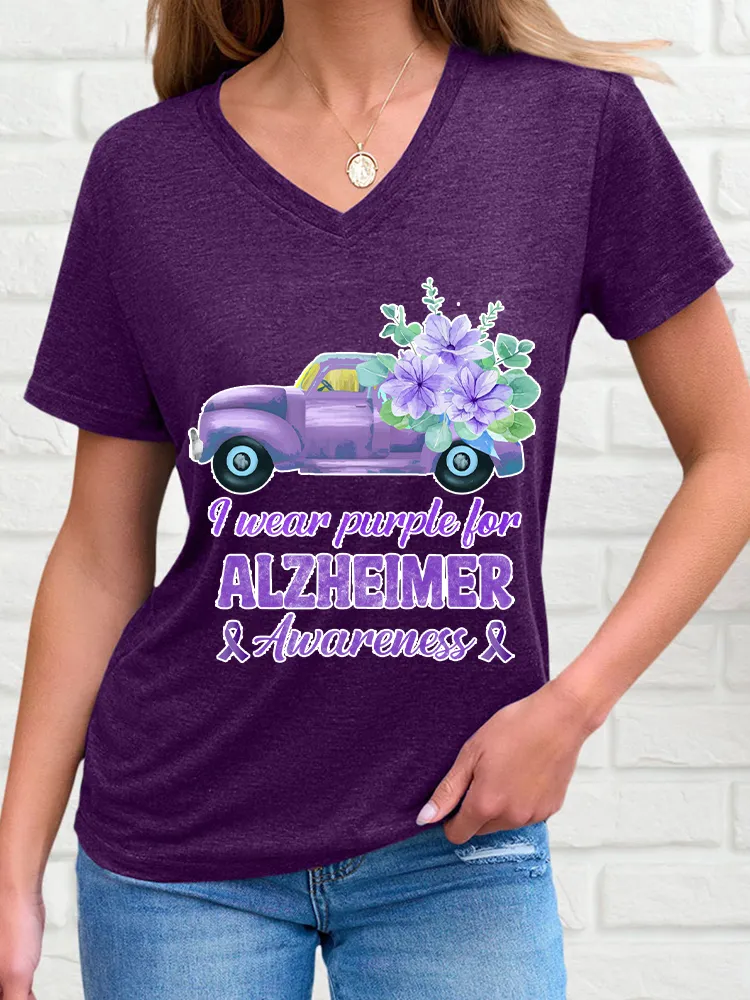 Women'S V-Neck Short-Sleeved T-Shirt I Wear Purple For Alzheimer Awareness Prints