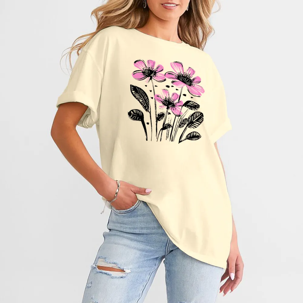 Hand Drawn Pink Simple Floral Pattern Casual T-Shirt