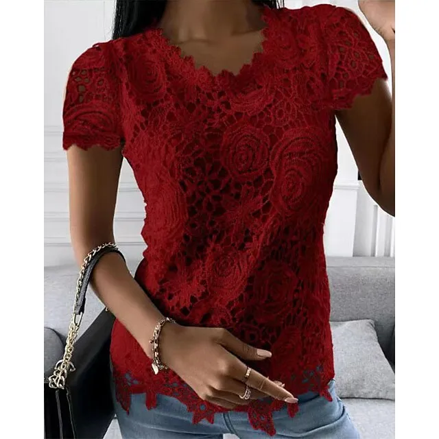 Women's Shirt Blouse Black White Pink Plain Lace Short Sleeve Casual Vintage Fashion Basic Round Neck Regular Fit