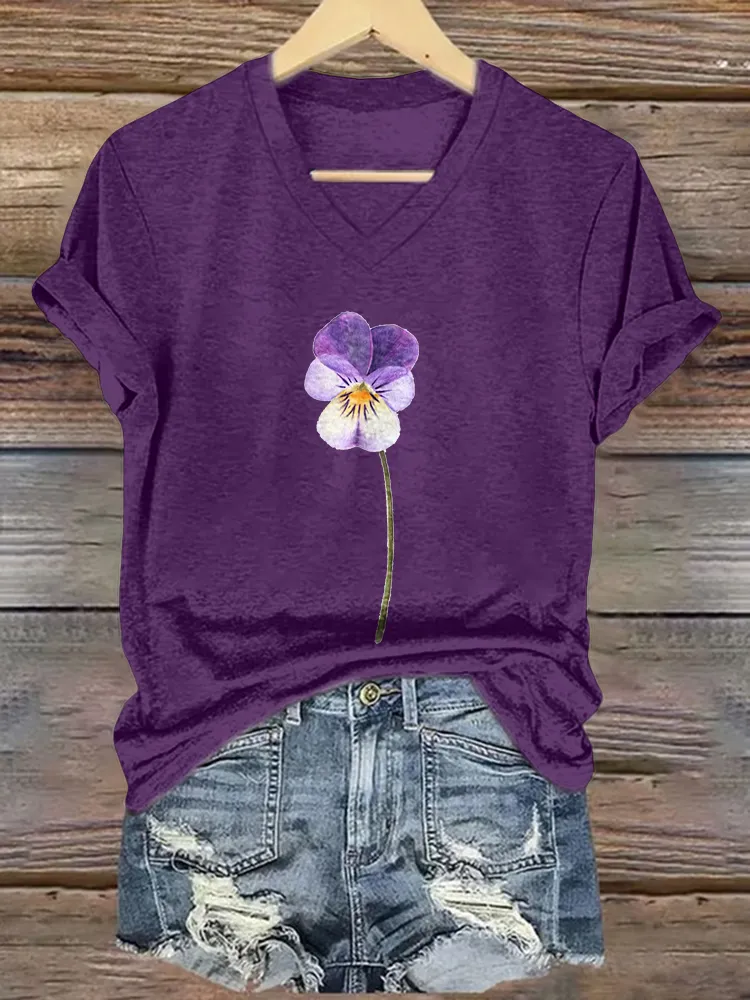 Women'S Floral Printed Alzheimer'S Awareness V-Neck Short-Sleeved T-Shirt
