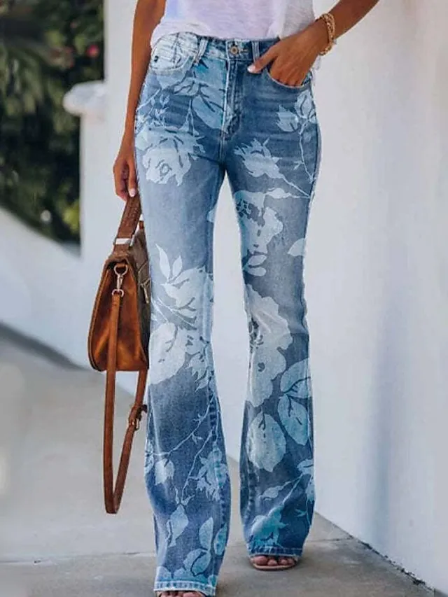 Women's Bootcut Flared Pants Bell Bottom Grey Fashion Casual Daily Full Length Flower / Floral XXL