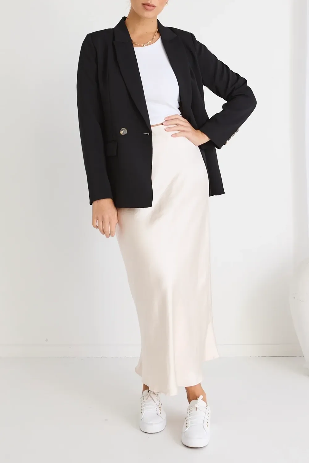 Champagne Satin Bias Midi Skirt