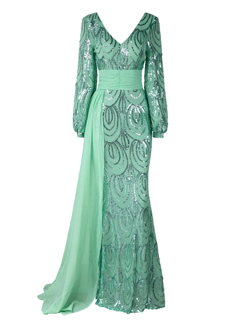 Formal Draping Sequin Long Sleeve Dress
