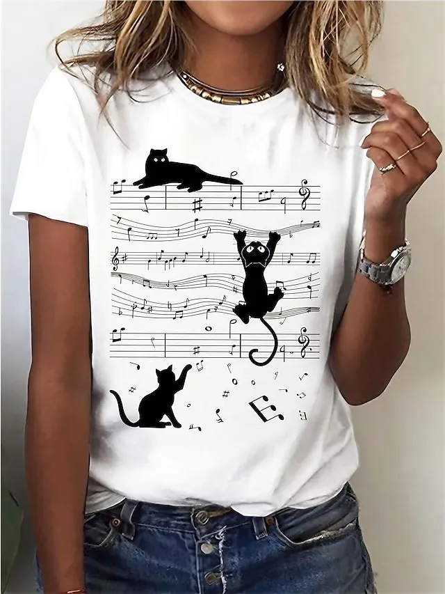 Women's T shirt Tee Cat Music White Print Short Sleeve Daily Weekend Basic Round Neck Regular Fit