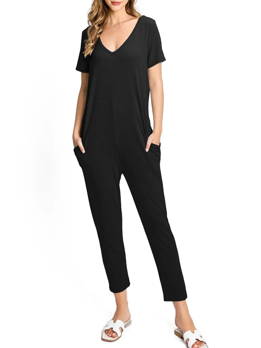 Black V - Neck Short - Sleeve Jumpsuit