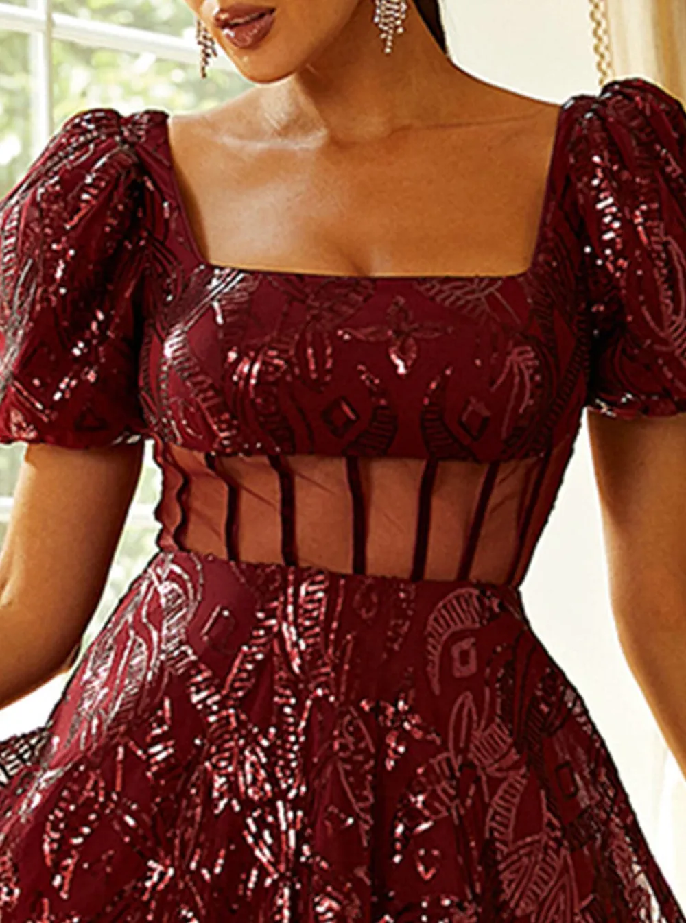 Square Neck Short Sleeve Sequin Red Mini Dress