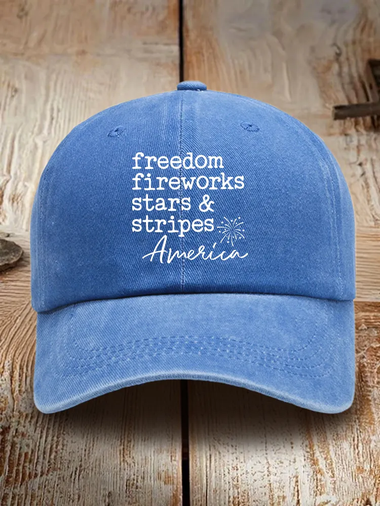 Freedom Fireworks Stars And Stripoes America Print Washed Baseball Cap