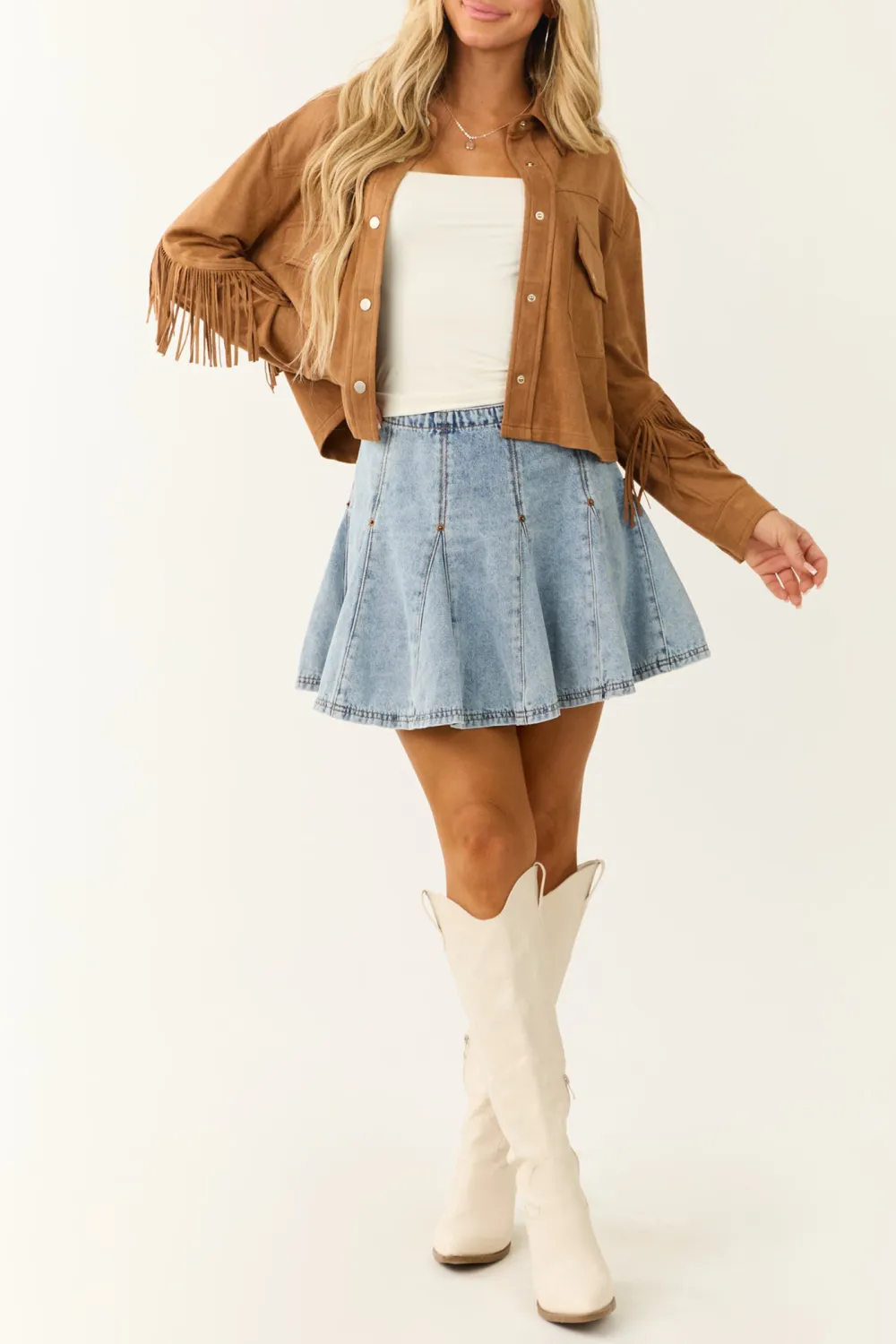 Light Wash Denim Pleated Stitch Detail Mini Skirt
