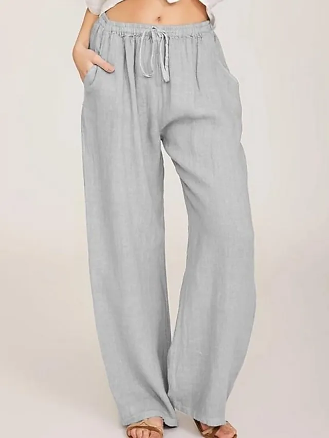 Women's Basic Essential Classic Culottes Wide Leg Chinos Drawstring Pants Casual Inelastic Solid Colored Faux Linen Lightweight Mid Waist Loose Black Blue Gray Dusty Blue S M L XL XXL