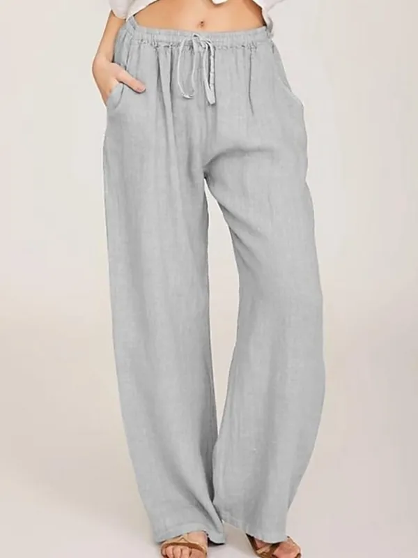 Women's Basic Essential Classic Culottes Wide Leg Chinos Drawstring Pants Casual Inelastic Solid Colored Faux Linen Lightweight Mid Waist Loose Black Blue Gray Dusty Blue S M L XL XXL