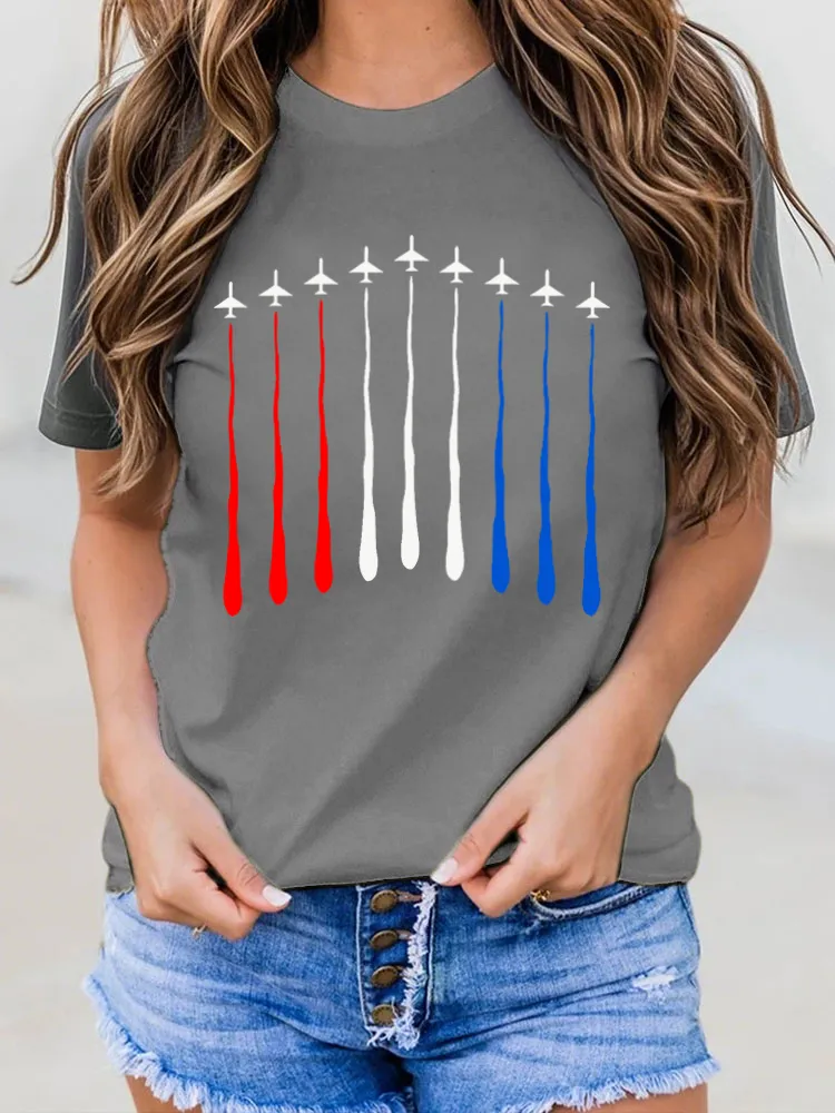 Airplane Cigarette Printed Round-Neck Short-Sleeved T-Shirt