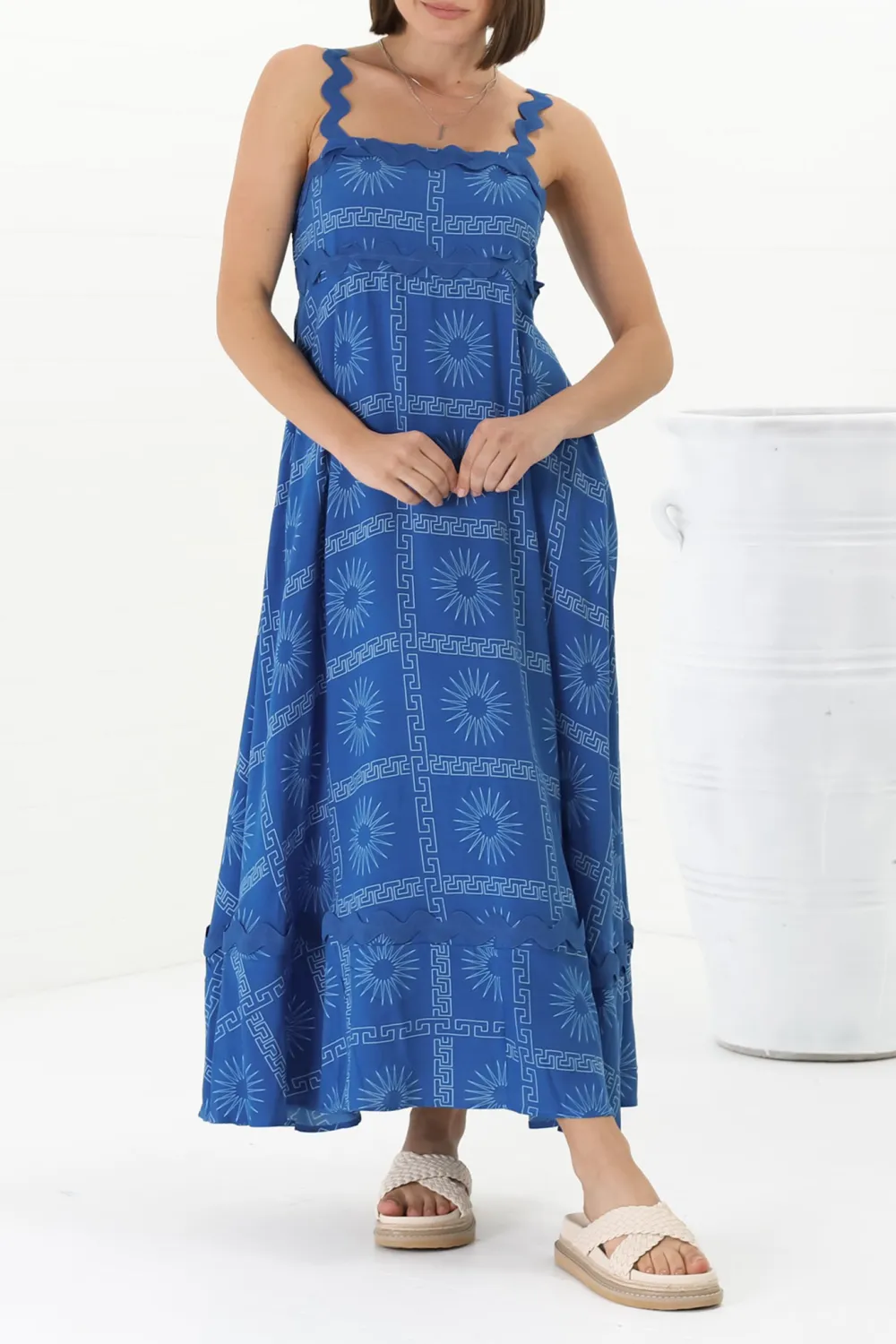 Blue Patterned Scallop Strap Maxi Dress